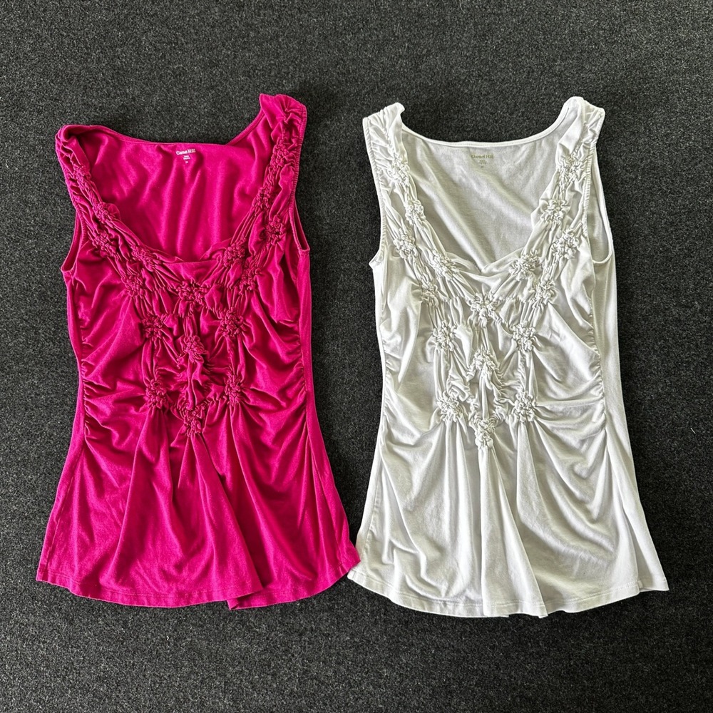 Garnet Hill Womens Smocked Rosette Tank Top Lot 2 Pink White XS Cotton Blend